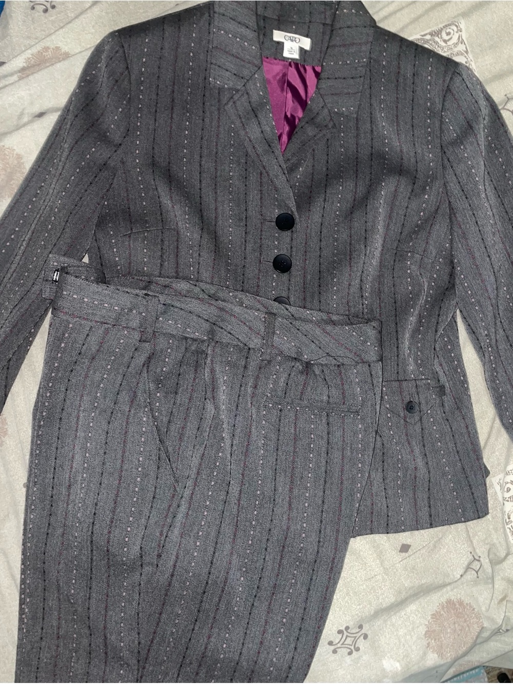 Cato Gray Pinstripe Women's Pantsuit with Burgundy and Pink Lining